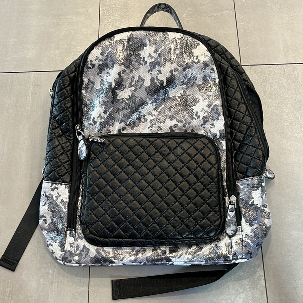 NWT Bari Lynn Chic Accessories Backpack Black/Silver Camo w/ Black Quilted Puff